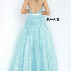 Discontinued Jovani 2098 Sheer Embellished Shimmer Ballgown Prom Dress Floral Plunging Neckline Ballgown Dresses