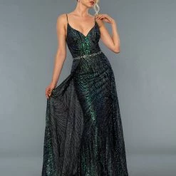 Stella Couture 21030 Long Multi Fitted Formal Dress Over Skirt V Neck Prom Pageant