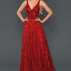 Stella Couture 21056 Long A Line Glitter Embellished V Neck Prom Dress Formal Gown