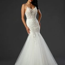 In Stock Mermaid Dresses Stella Couture 21075 Mermaid Shimmer Wedding Dress Size 8 Sheer Lace Fitted Bridal Gown