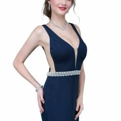 In Stock Ballgown Dresses Nina Canacci 2124 Fitted Plunging Neckline Prom Dress Evening Gown Embellished Belt