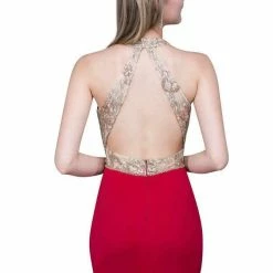 In Stock Nina Canacci 2130 Size 4 Fitted Halter Lace Prom Dress Formal Gown Red/Gold, Navy/Gold Backless Dresses