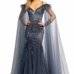 Johnathan Kayne 2173 Feather Embellished Mermaid Prom Dress Pageant Dress Cape Long