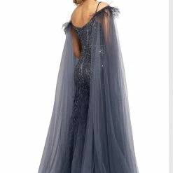 Johnathan Kayne 2173 Feather Embellished Mermaid Prom Dress Pageant Dress Cape Long