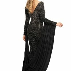 Discontinued Long Sleeve Dresses Johnathan Kayne 2184 Glitter Jersey Mermaid Prom Dress Cape Sleeve Formal V Neck