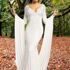 Discontinued Long Sleeve Dresses Johnathan Kayne 2184 Glitter Jersey Mermaid Prom Dress Cape Sleeve Formal V Neck
