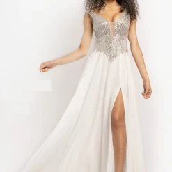 Johnathan Kayne 2196 Long Crystal Bodice Basque Pageant Dress Plunging Slit Formal