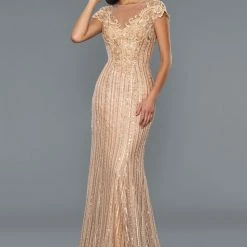 Stella Couture 22030 Long Fitted Sequin Beaded Formal Dress High Neck Cap Sleeve