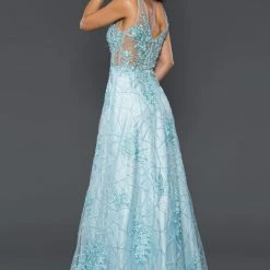 Stella Couture 22048 Lace A Line Formal Prom Dress Sheer V Neck Ball Gown