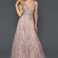 Stella Couture 22048 Lace A Line Formal Prom Dress Sheer V Neck Ball Gown