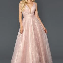 Stella Couture 22052 Long A Line Glitter Shimmer Prom Dress V Neck Formal Gown