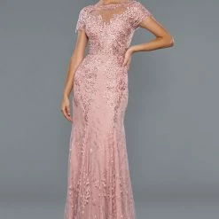 Stella Couture 22066 Long Fitted Formal Evening Gown Lace Sheer Cap Sleeves Dress
