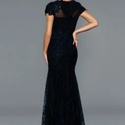 Stella Couture 22066 Long Fitted Formal Evening Gown Lace Sheer Cap Sleeves Dress