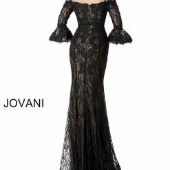 Long Sleeve Dresses Jovani 2240 Black/Nude, Navy/Nude Long Lace Evening Gown Bell Sleeves Off The Shoulder