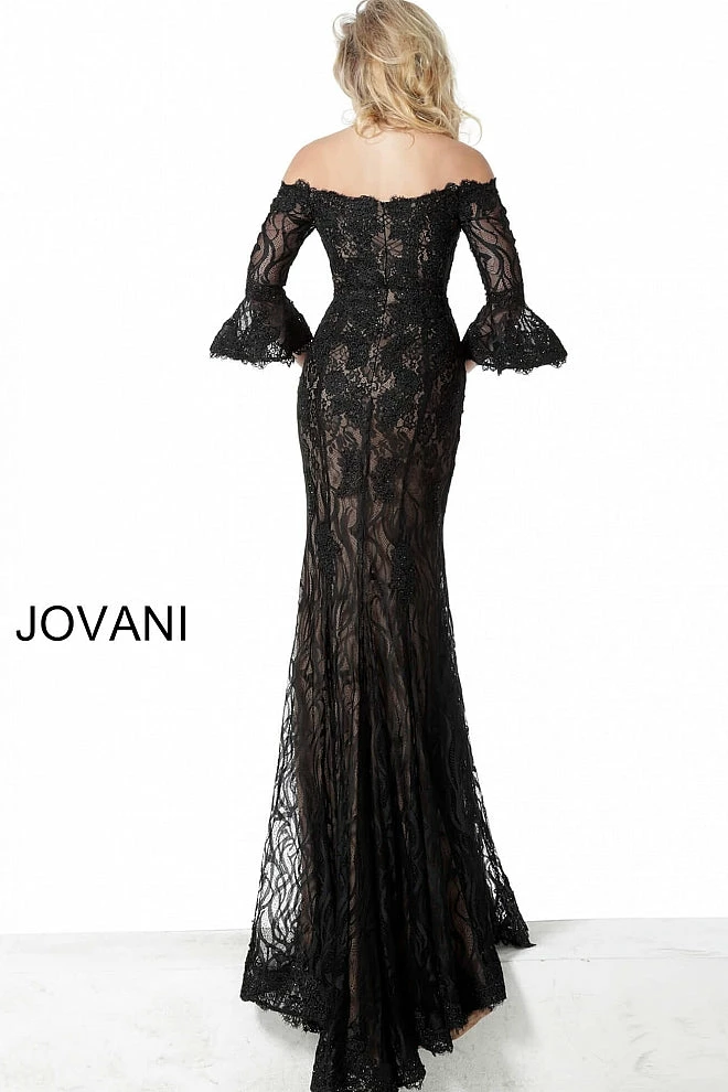 Long Sleeve Dresses Jovani 2240 Black/Nude, Navy/Nude Long Lace Evening Gown Bell Sleeves Off The Shoulder 4 Long Sleeve Dresses Jovani 2240 Black/Nude, Navy/Nude Long Lace Evening Gown Bell Sleeves Off The Shoulder