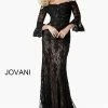 Long Sleeve Dresses Jovani 2240 Black/Nude, Navy/Nude Long Lace Evening Gown Bell Sleeves Off The Shoulder
