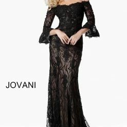 Long Sleeve Dresses Jovani 2240 Black/Nude, Navy/Nude Long Lace Evening Gown Bell Sleeves Off The Shoulder
