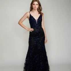 In Stock Nina Canacci 2240 Royal Mermaid Prom Dress Pageant Gown Floral Lace Dress Navy Size 12 Backless Dresses