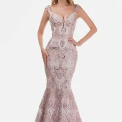 Discontinued Nina Canacci 2243 Long Lace Applique Formal Evening Gown Cap Sleeve Mermaid