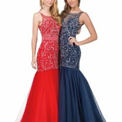 In Stock Mermaid Dresses DQ 2250 Long Fitted Embellished Mermaid Prom Dress Sheer High Neckline Formal Gown