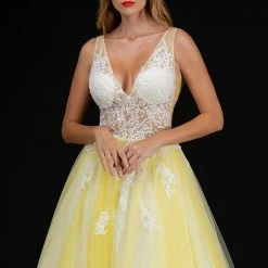 Discontinued Ballgown Dresses Nina Canacci 2252 Sheer Lace V Neck Bodice A Line Ballgown Prom Dress Floral Gown