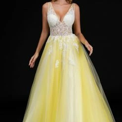 Discontinued Ballgown Dresses Nina Canacci 2252 Sheer Lace V Neck Bodice A Line Ballgown Prom Dress Floral Gown