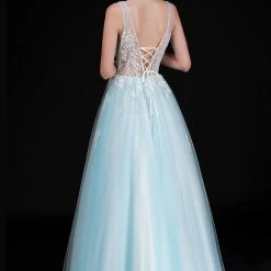 Discontinued Ballgown Dresses Nina Canacci 2252 Sheer Lace V Neck Bodice A Line Ballgown Prom Dress Floral Gown