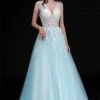 Discontinued Ballgown Dresses Nina Canacci 2252 Sheer Lace V Neck Bodice A Line Ballgown Prom Dress Floral Gown