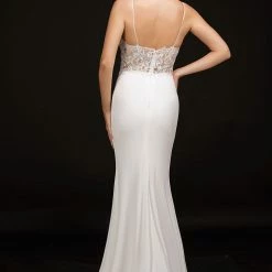 Discontinued Nina Canacci 2275 Long V Neck Lace Fitted Wedding Dress Sheer Flare Skirt Gown