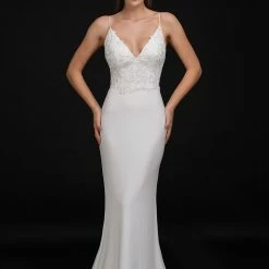 Discontinued Nina Canacci 2275 Long V Neck Lace Fitted Wedding Dress Sheer Flare Skirt Gown