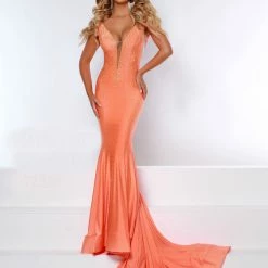 In Stock Johnathan Kayne 2305 Size 2 Red Evening Pageant Dress V Neckline Embellished Mermaid Train