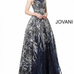 Discontinued Jovani 2399 Navy Embellished Sleeveless Prom Dress Ball Gown High Neckline