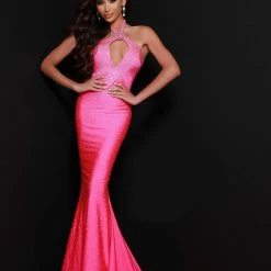 In Stock Johnathan Kayne 2401 Fitted Halter Prom Dress Fuchsia Size 4