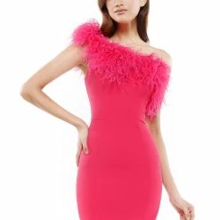 Colors 2404 Short Fitted Crepe One Shoulder Feather Interview Dress Cocktail Prom