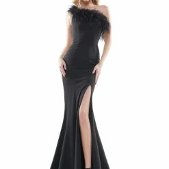 Colors Dress 2405 Fitted One Shoulder Feather Embellished Prom Dress Slit Gown