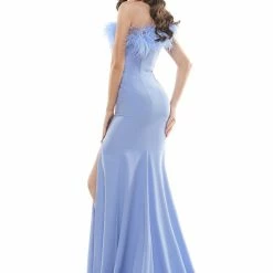 In Stock Colors Dress 2405 Size 14 Royal Fitted One Shoulder Feather Embellished Prom Dress Slit Gown