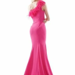 In Stock Colors Dress 2405 Size 14 Royal Fitted One Shoulder Feather Embellished Prom Dress Slit Gown