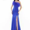 In Stock Colors Dress 2405 Size 14 Royal Fitted One Shoulder Feather Embellished Prom Dress Slit Gown
