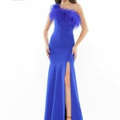 In Stock Colors Dress 2405 Size 14 Royal Fitted One Shoulder Feather Embellished Prom Dress Slit Gown