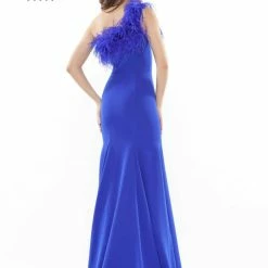 In Stock Colors Dress 2405 Size 6 Fitted One Shoulder Feather Embellished Prom Dress Slit Gown