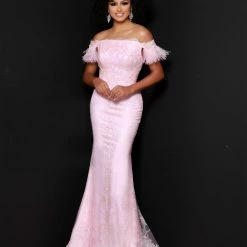 Johnathan Kayne 2412 Sequin Lace Mermaid Formal Dress Feather Off The Shoulder Pageant