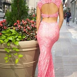 In Stock Backless Dresses Jovani 24241 Size 8 Two Piece Lace Formal Prom Dress Cap Sleeve Backless Gown