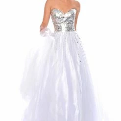 In Stock Precious Formals 46765 White Size 00 Prom Dress Strapless Sweetheart Ball Gown Silver Sequins