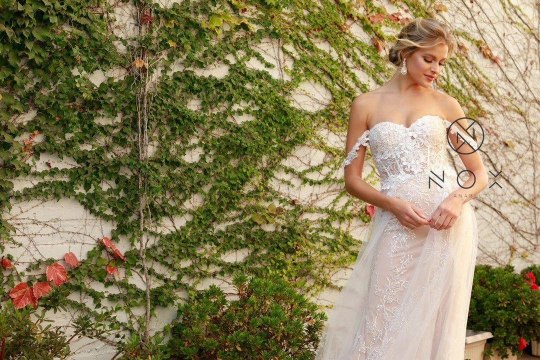 In Stock Nox Anabel E441 Size 4, 10, 14 Off The Shoulder Sheer Lace Wedding Dress Slit Overskirt Bridal Gown Boho 9 In Stock Nox Anabel E441 Size 4, 10, 14 Off The Shoulder Sheer Lace Wedding Dress Slit Overskirt Bridal Gown Boho