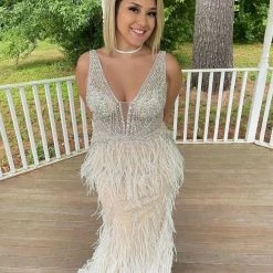 In Stock Mermaid Dresses Jovani 03023 Size 14 Sheer Feather Prom Dress Plunging Neck Wedding Gown Pageant Gown