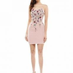 Colors Dress 2521 Short Fitted Crepe Floral Sequin Cocktail Dress Corset Formal Gown
