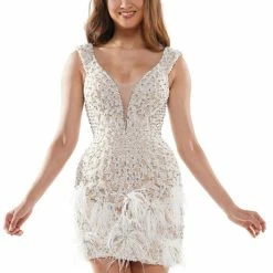 Colors Dress 2559 Short Fitted Feather Cocktail Dress Beaded Corset Homecoming Pageant