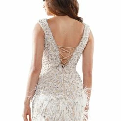 Colors Dress 2559 Short Fitted Feather Cocktail Dress Beaded Corset Homecoming Pageant