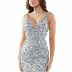 Colors 2595 Short Fitted V Neck Rhinestone Embellished Cocktail Dress Formal Prom Gown