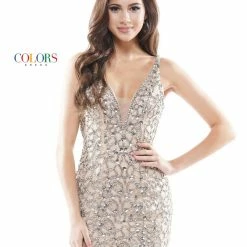 Colors 2595 Short Fitted V Neck Rhinestone Embellished Cocktail Dress Formal Prom Gown